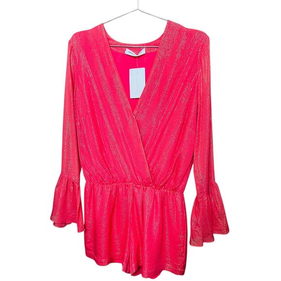 Amanda Uprichard NEW Seraphina Silk Romper Coral Gold Bell Sleeves Size Large - Picture 8 of 11